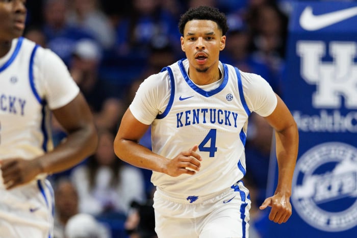 Oct 27, 2023; Lexington, KY, USA; Kentucky Wildcats forward Tre Mitchell (4) runs down the court during the first half against the Georgetown Tigers at Rupp Arena. Mandatory Credit: Jordan Prather-USA TODAY Sports